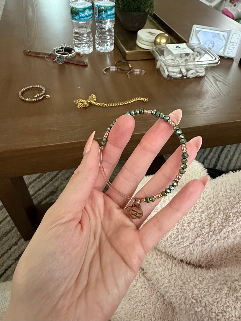 Alex and Ani Iridescent Green Bead Bangle with Rose Gold Wire